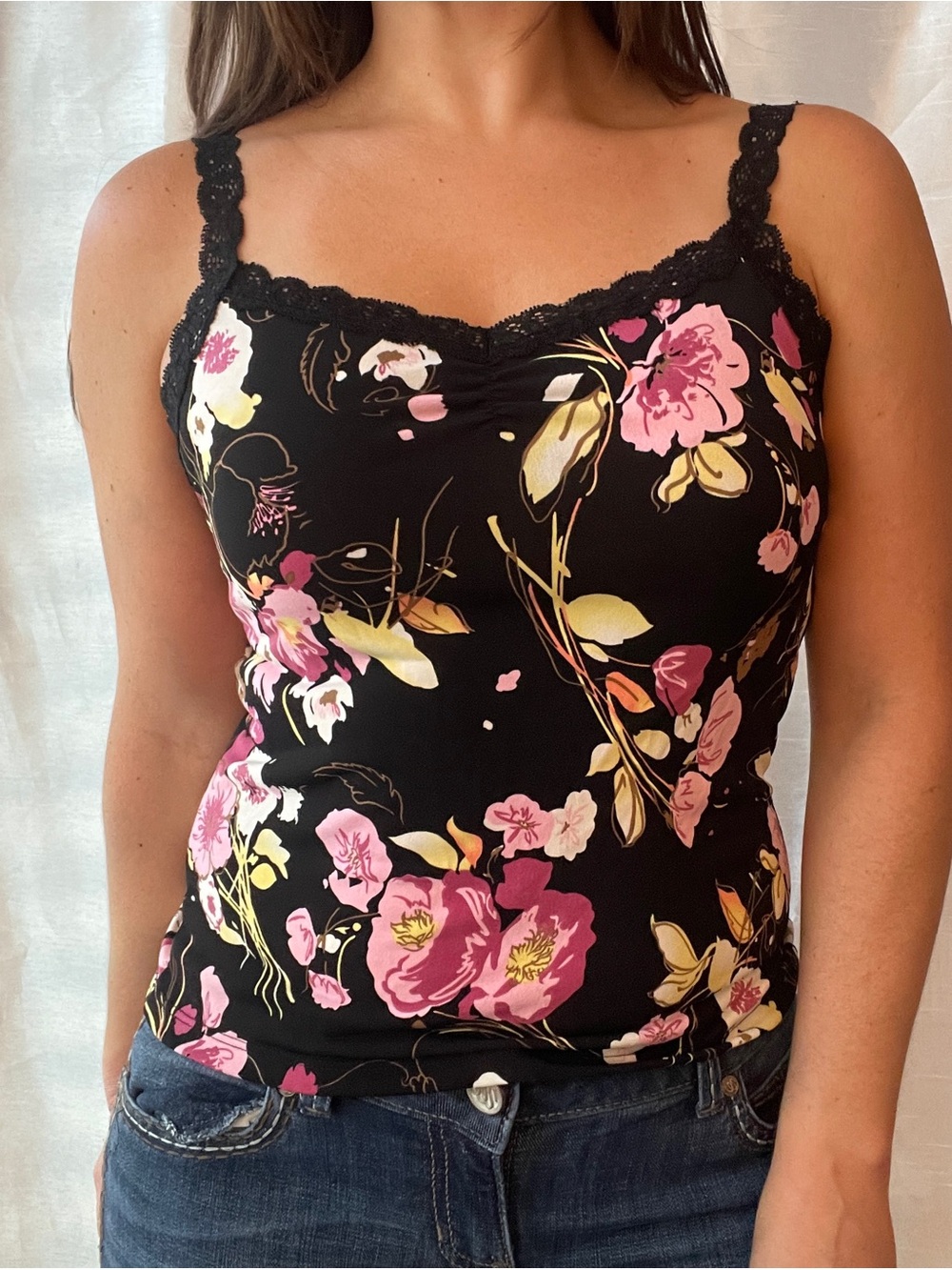 Y2K Lace Trim Cami Tank Top Womens Small Black Pink Floral Fairycore Whimsy